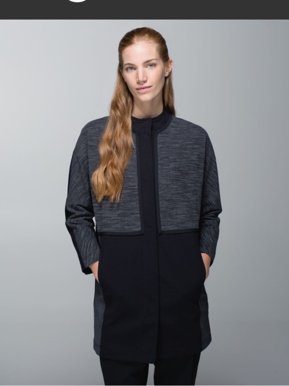 Lululemon Cocoon Car Coat in a black and grey space-dye pattern